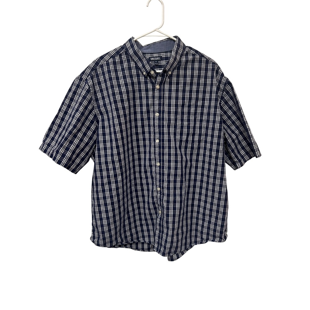 MIX&NY Mens XXL Navy Blue White Plaid Short Sleeve Cotton Button Down Shirt